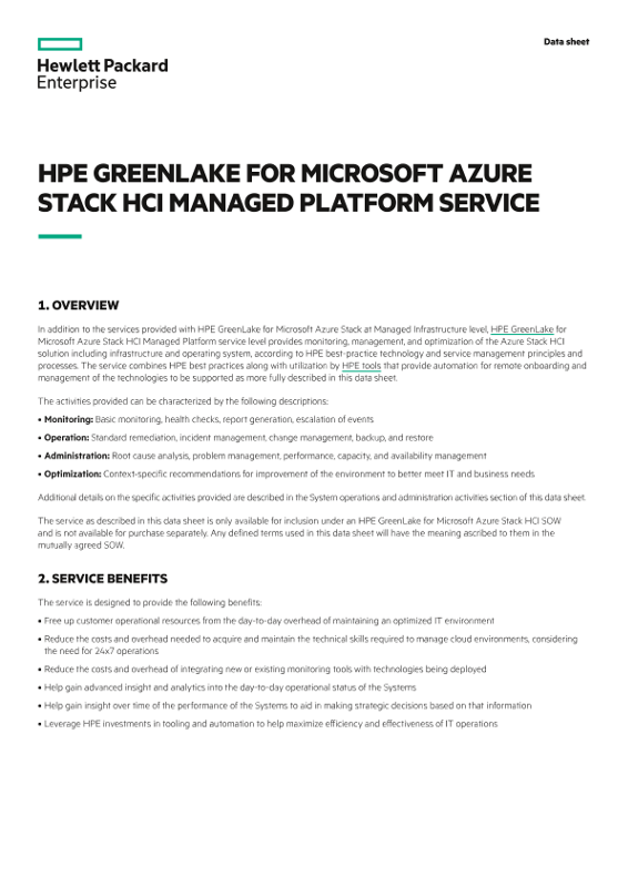 HPE GreenLake for Microsoft Azure Stack HCI Managed Platform Service data sheet thumbnail