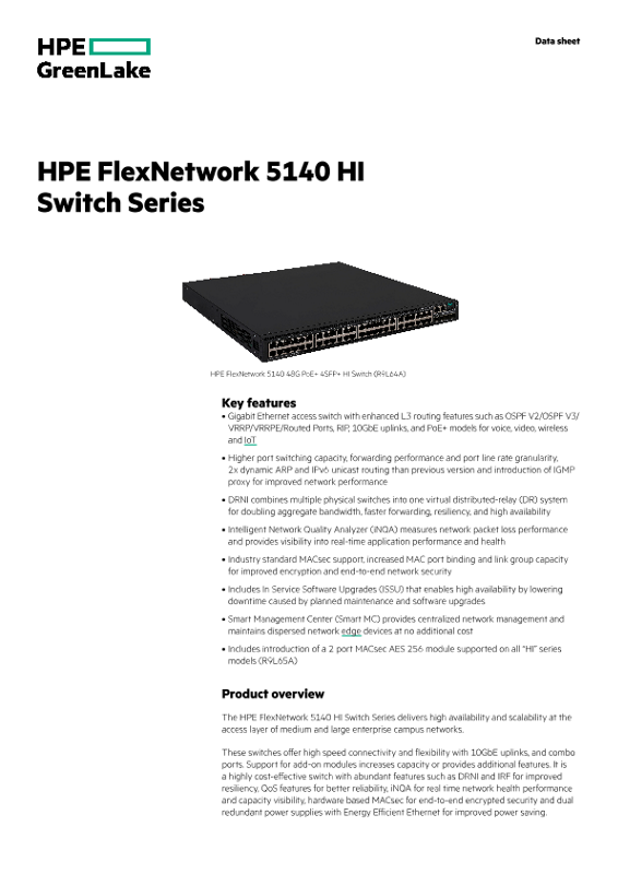 HPE FlexNetwork 5140 HI Switch Series data sheet thumbnail