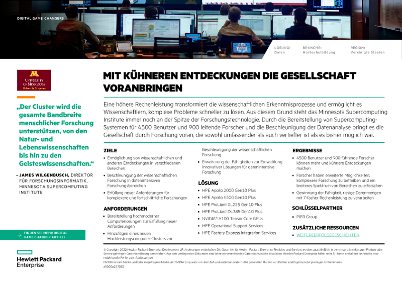Mit kühneren Entdeckungen die Gesellschaft voranbringen – Minnesota Supercomputing Institute digital game changers one-page overview thumbnail
