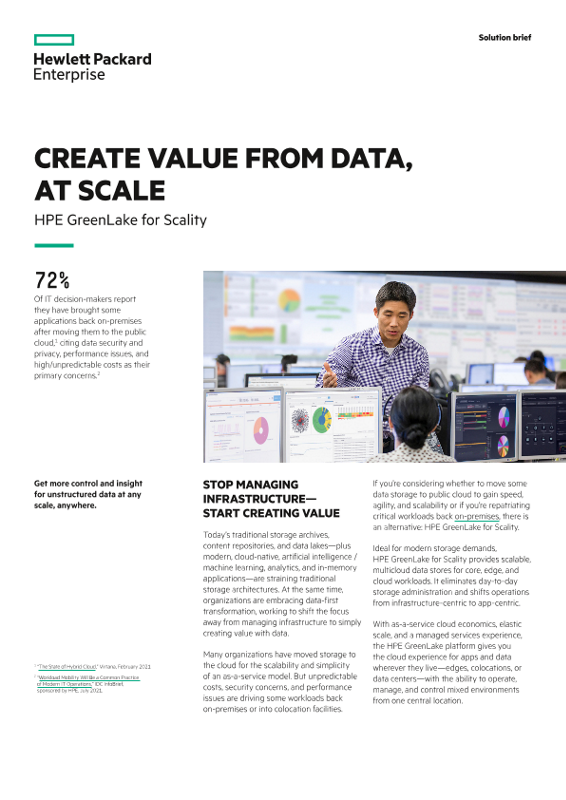 Create value from data, at scale – HPE GreenLake for Scality solution brief thumbnail