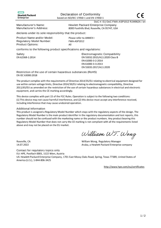 SU, HPE Aruba Networking EC-XS SDWAN  Appliance/Network Application  Platfrom #EUDoC FWA-ASP1012 thumbnail