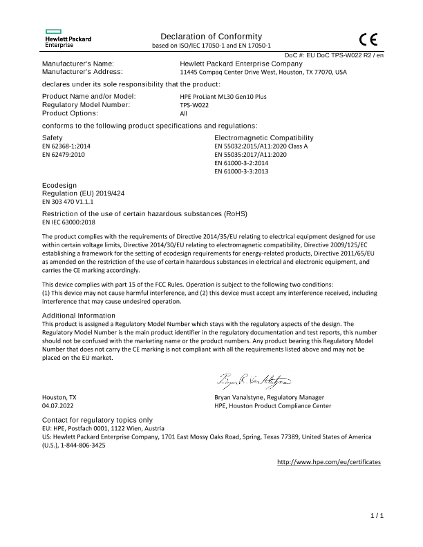 HPE ProLiant ML30 Gen10 Plus #EUDoC TPS-W022 thumbnail