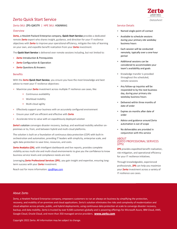 Zerto Quick Start Service - Datasheet thumbnail