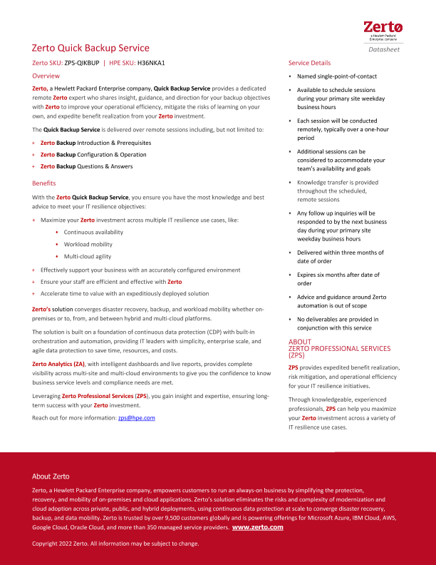 Zerto Quick Backup Service - Datasheet thumbnail