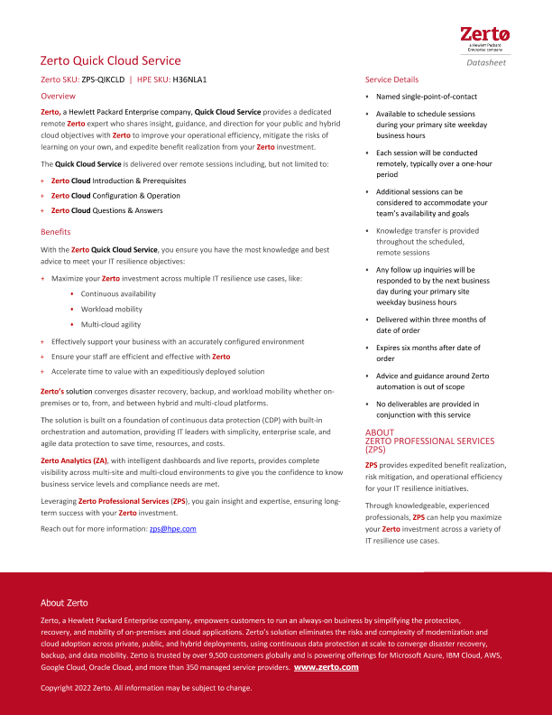 Zerto Quick Cloud Service - Datasheet thumbnail