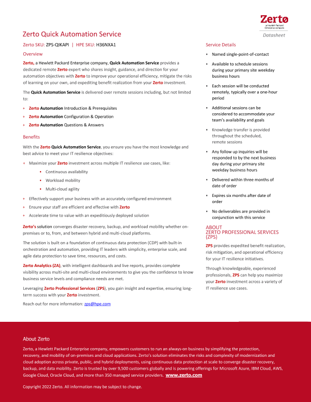 Zerto Quick Automation Service - Datasheet thumbnail