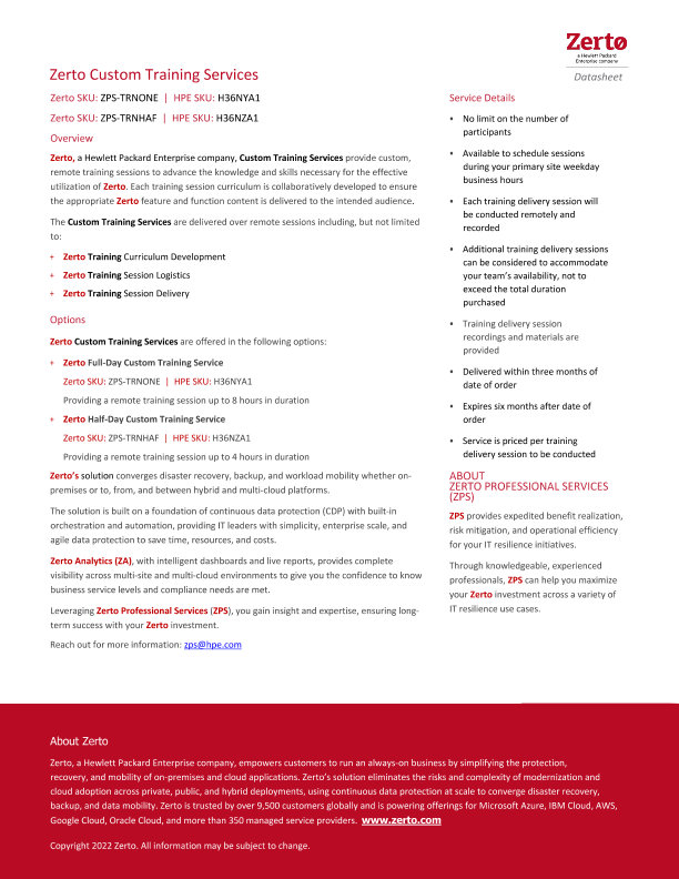 Zerto Training Services - Datasheet