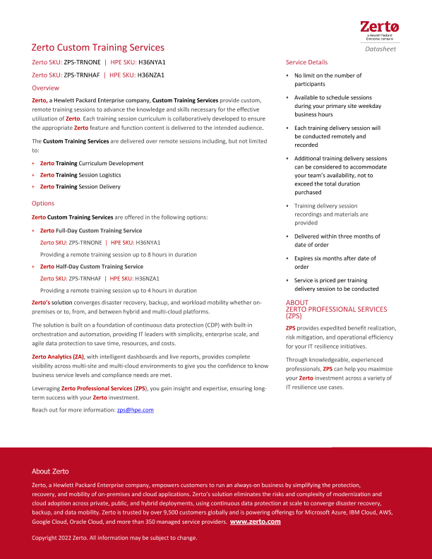 Zerto Training Services - Datasheet thumbnail