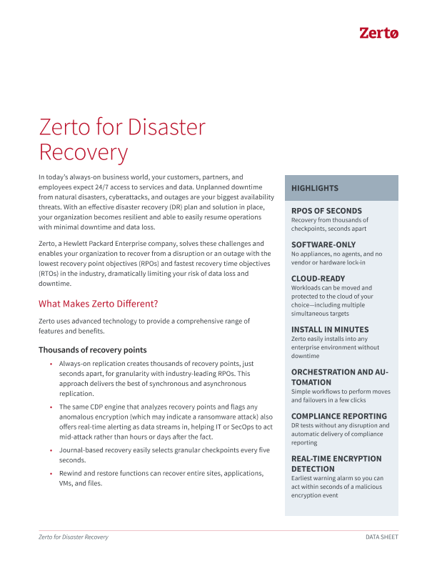 Zerto for Disaster Recovery datasheet thumbnail