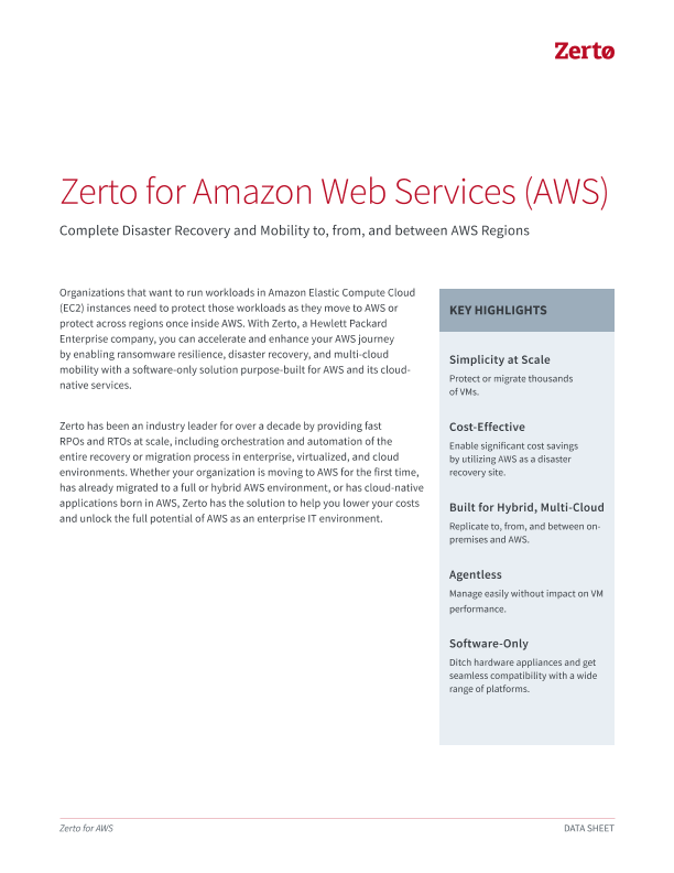 Zerto for AWS datasheet thumbnail