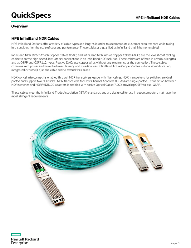 HPE InfiniBand NDR Cables QuickSpecs thumbnail