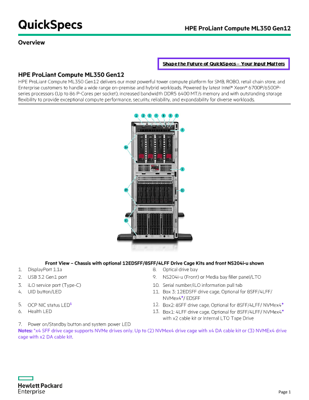 HPE ProLiant Compute ML350 Gen12 QuickSpecs thumbnail