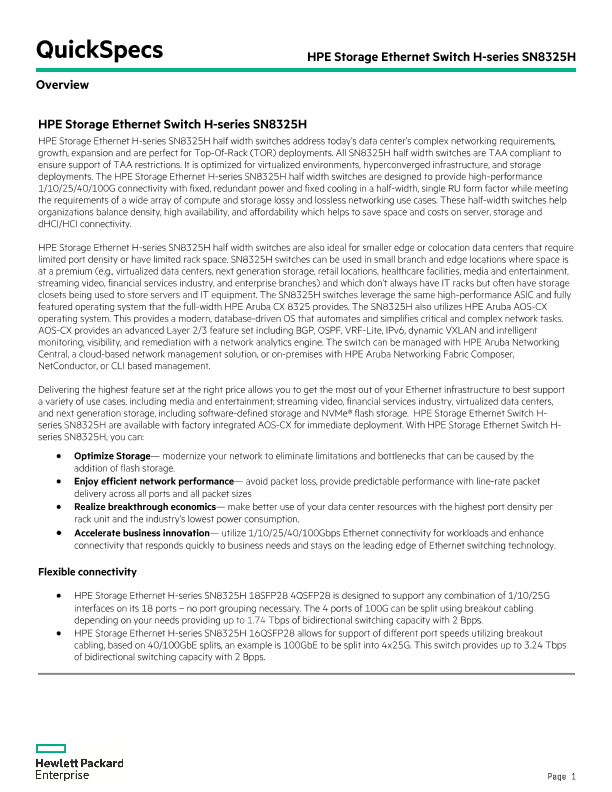HPE Storage Ethernet Switch H-series SN8325H thumbnail