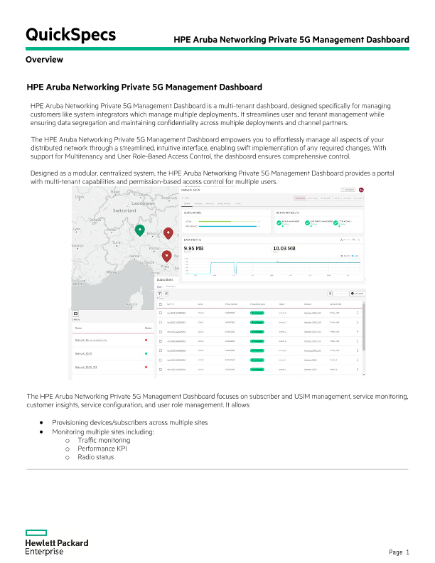 HPE Aruba Networking Private 5G Management Dashboard QuickSpecs thumbnail