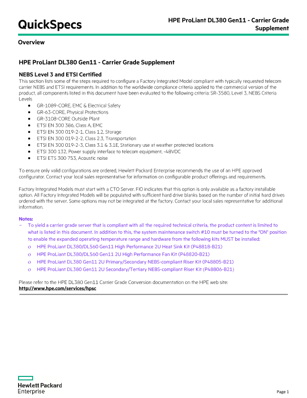 HPE ProLiant DL380 Gen11 - Carrier Grade Supplement thumbnail