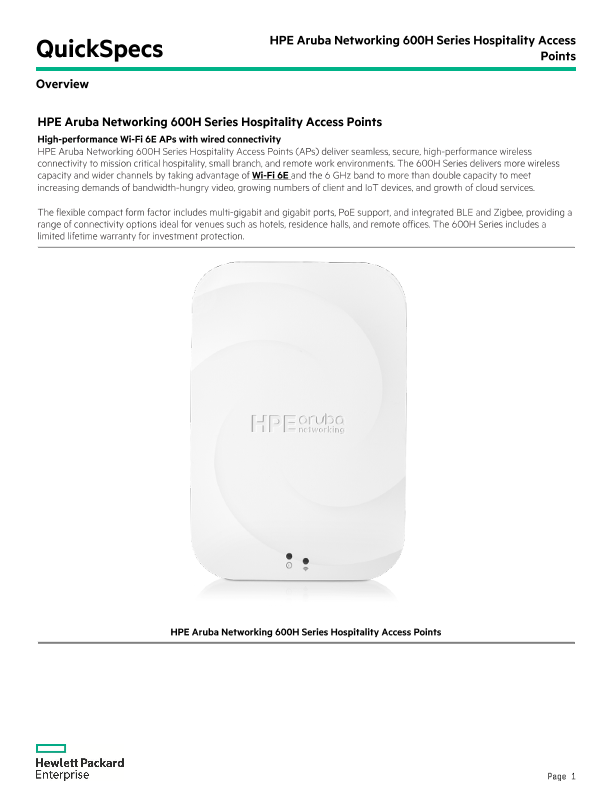 HPE Aruba Networking 600H Series Hospitality Access Points