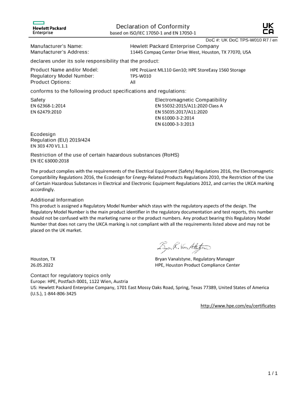 HPE ProLiant ML110 Gen10 Server, HPE StoreEasy 1560 Storage #UKDoC TPS-W010
