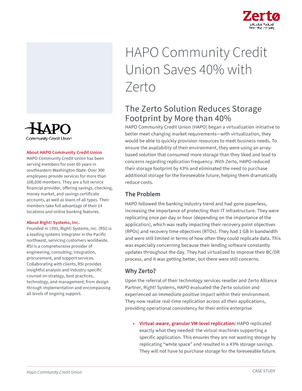 HAPO Community Credit Union Saves 40% with Zerto thumbnail