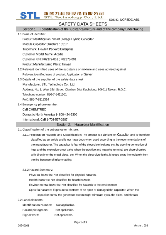 HPE Smart Storage Hybrid Capacitor Safety Datasheet thumbnail