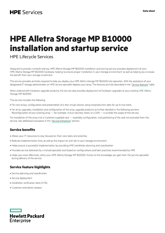 HPE GreenLake for Block Storage MP installation and startup service