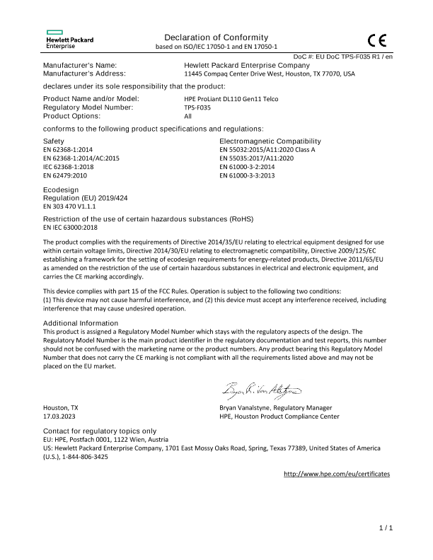 HPE ProLiant DL110 Gen11 Telco #EUDoC TPS-F035 thumbnail
