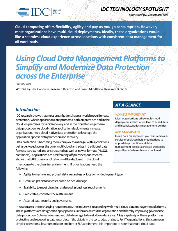 IDC Technology Spotlight sponsored by HPE+Veeam Using Cloud Data