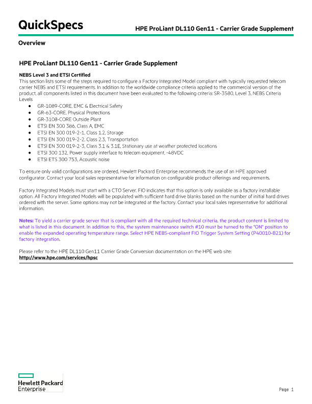 HPE ProLiant DL110 Gen11 - Carrier Grade Supplement thumbnail