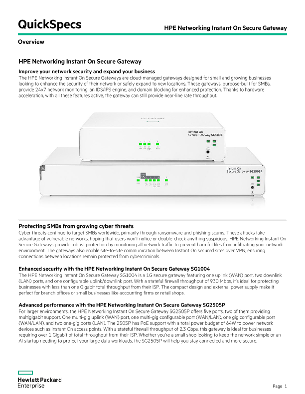 HPE Networking Instant On Secure Gateway QuickSpecs thumbnail