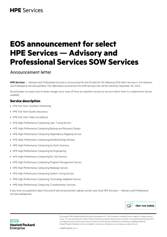 EOS announcement for select HPE Services – Advisory and Professional Services SOW Services thumbnail
