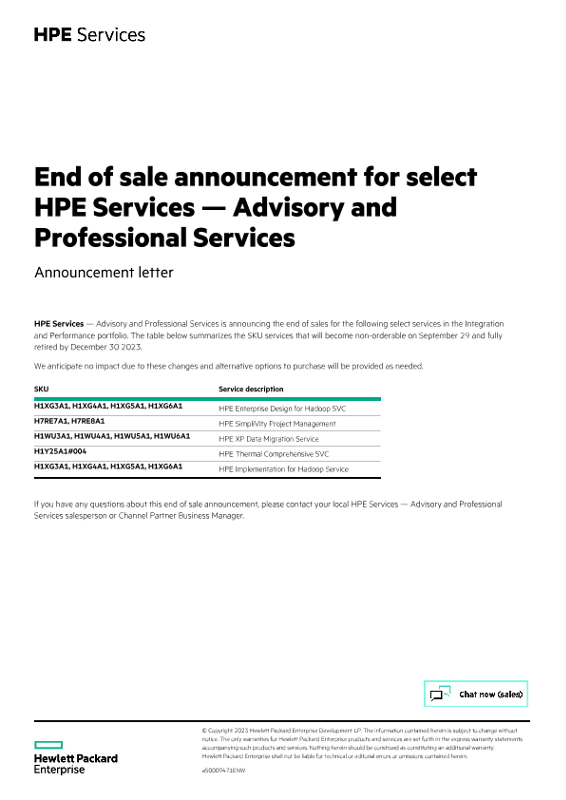 End of sale announcement for select HPE Services – Advisory and ...