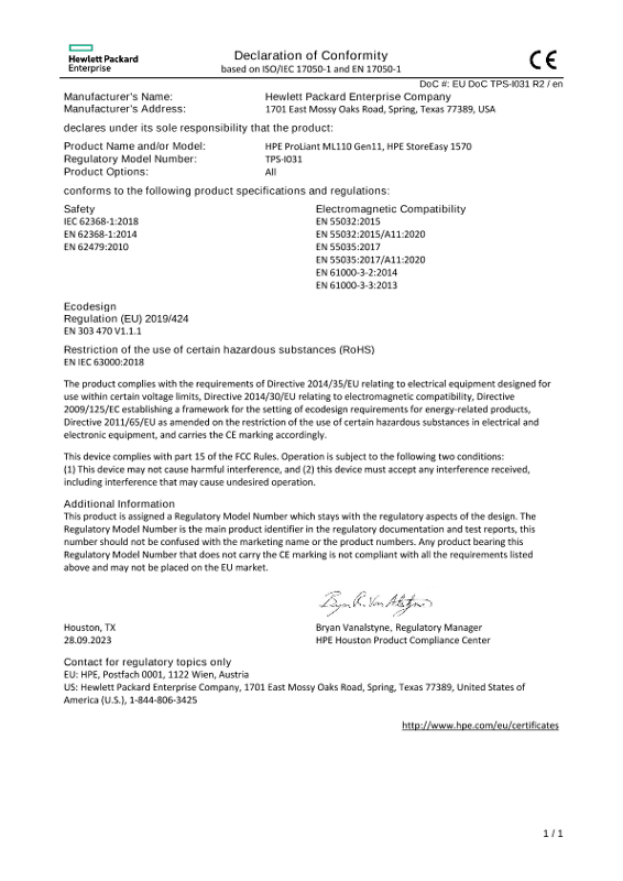 HPE ProLiant ML110 Gen11, HPE StoreEasy 1570 #EUDoC TPS-I031