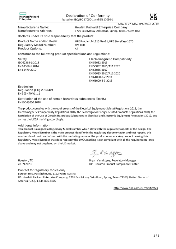 HPE ProLiant ML110 Gen11, HPE StoreEasy 1570 #UKDoC TPS-I031
