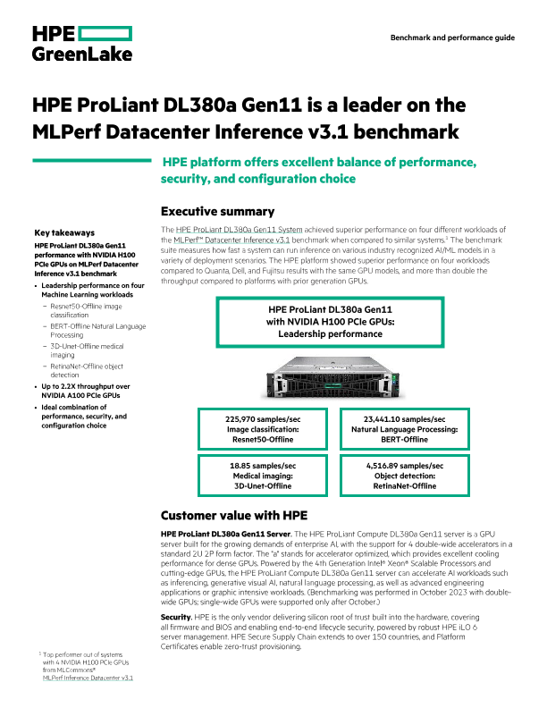 HPE ProLiant DL380a Gen11  is a leader on the MLPerf Datacenter Infererence v3.1 benchmark thumbnail