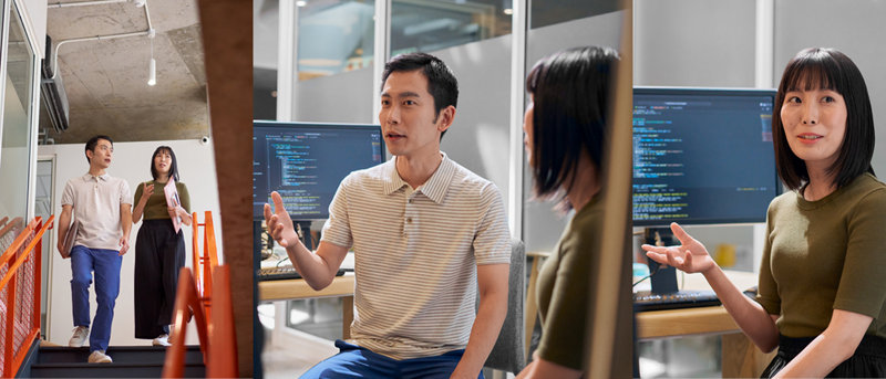 Collage of three images featuring two software developers in discussion