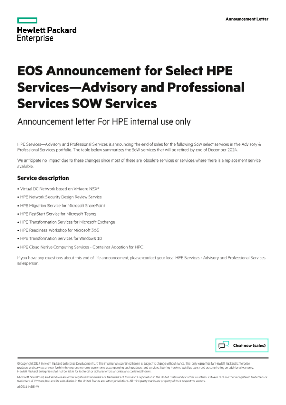 EOS Announcement for Select HPE Services – Advisory and Professional Services SOW Services thumbnail