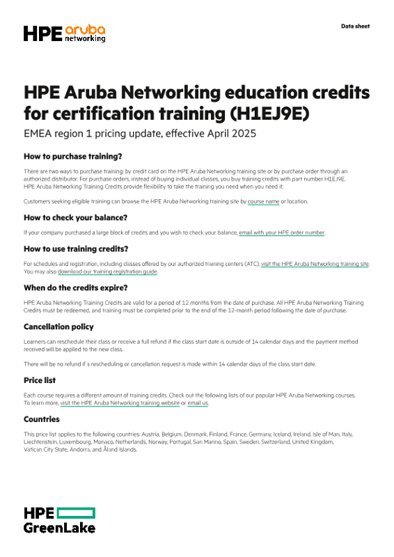HPE Aruba Networking education credits for certification training (H1EJ9E) – EMEA region 1 pricing update, effective October 2024 thumbnail