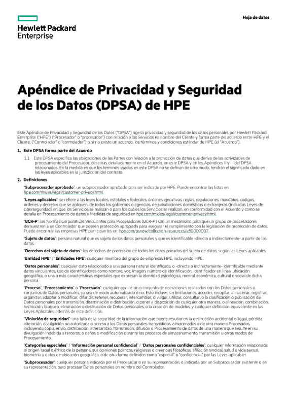 Apéndice de Privacidad y Seguridad de los Datos (DPSA) de HPE thumbnail