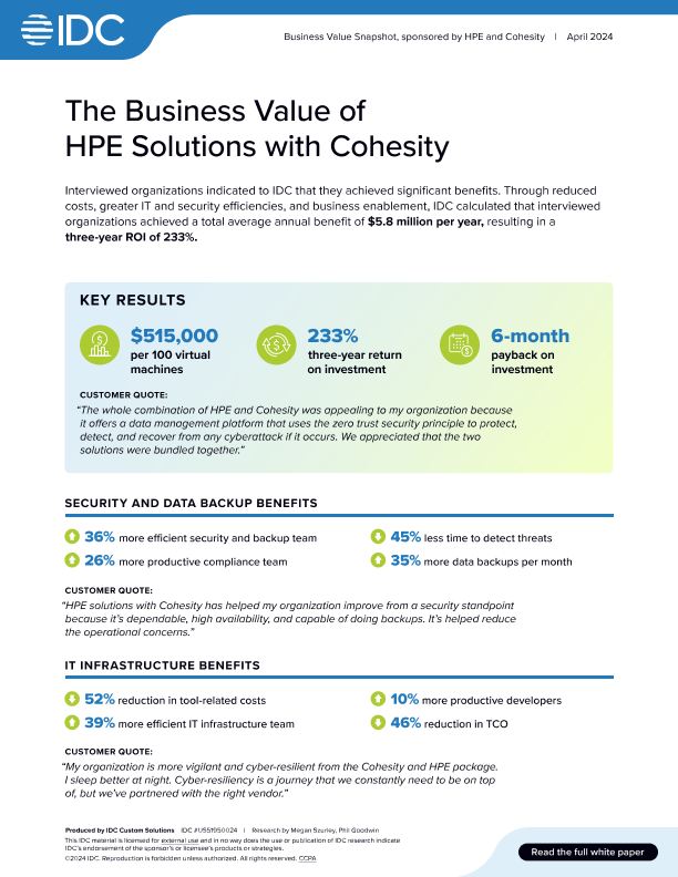 The Business value of HPE Solutions with Cohesity - Infographic by IDC thumbnail