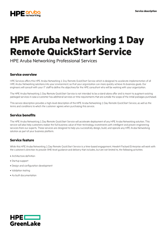 HPE Aruba Networking 1 Day Remote QuickStart Service thumbnail