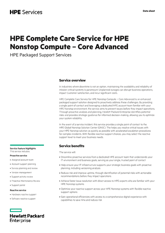 HPE Complete Care Service for HPE Nonstop Compute – Core Advanced thumbnail