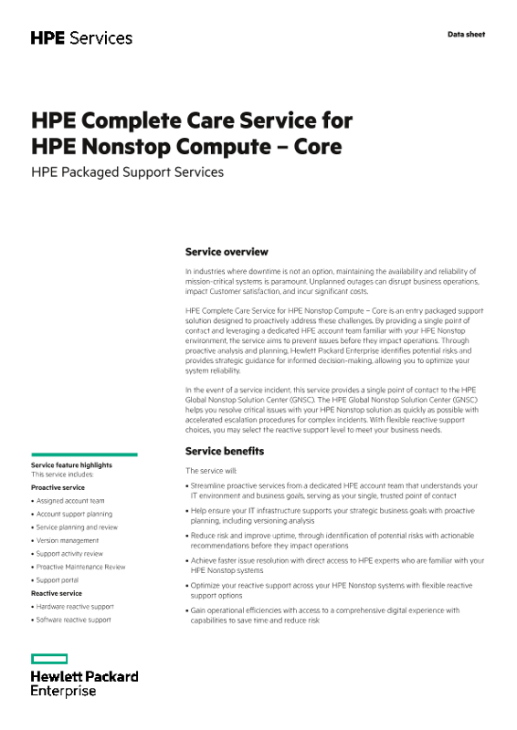 HPE Complete Care Service for HPE Nonstop Compute – Core thumbnail