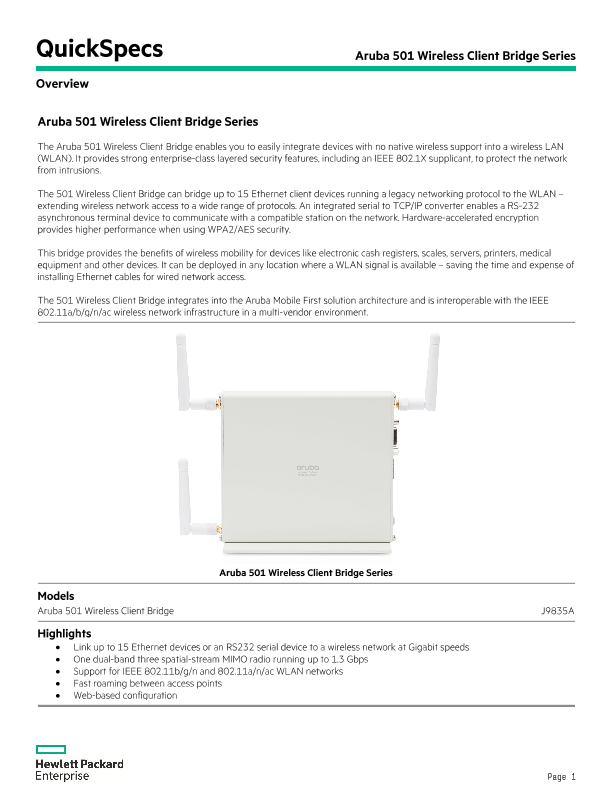 Aruba 501 Wireless Client Bridge Series thumbnail