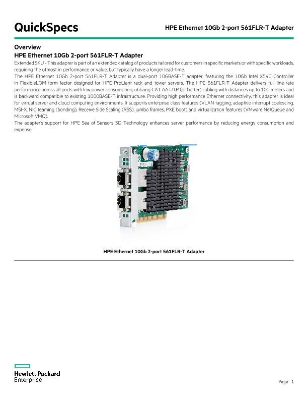 HPE Ethernet 10Gb 2-port 561FLR-T Adapter thumbnail