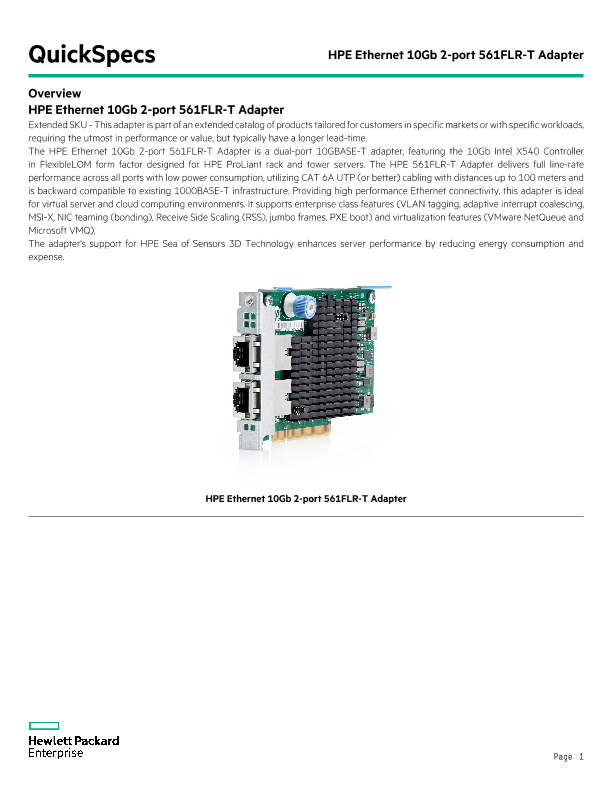 Adaptateur HPE Ethernet 10 Gbit, 2 ports 535FLR-T