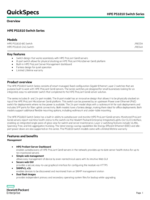 HPE PS1810 Switch Series thumbnail