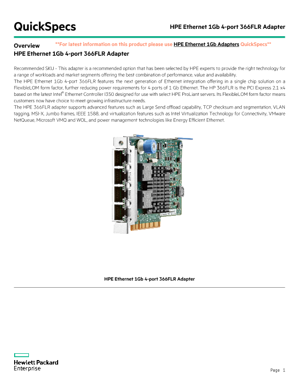 HPE Ethernet 1Gb 4-port 366FLR Adapter thumbnail