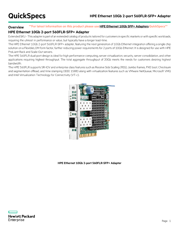 HPE 669281-001 Dual-Port 10GbE 560FLR-SFP+ Network Adapter