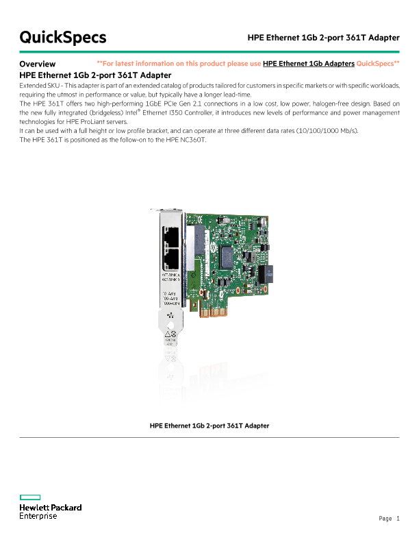 HPE Ethernet 1Gb 2-port 361T Adapter thumbnail