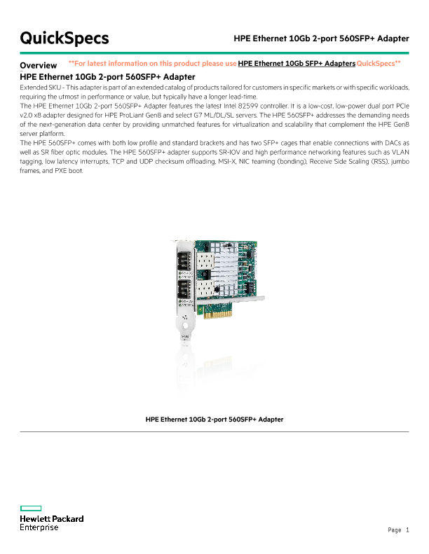 HPE Ethernet 10Gb 2-port 560SFP+ Adapter thumbnail