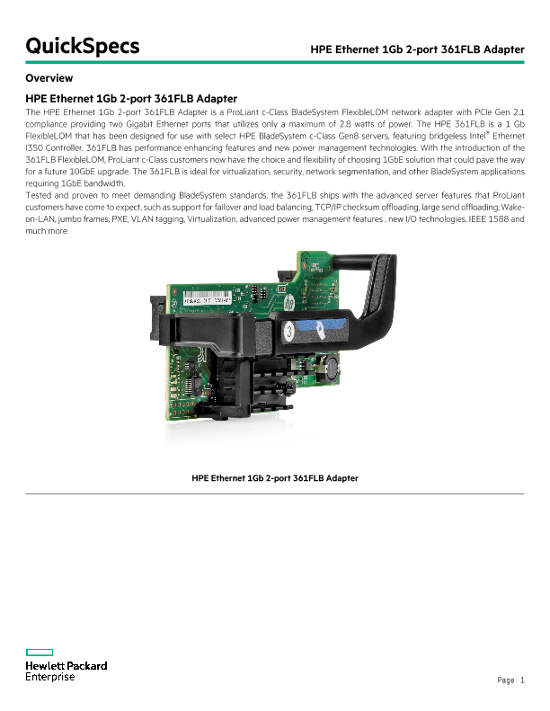 HPE Ethernet 1Gb 2-port 361FLB Adapter thumbnail